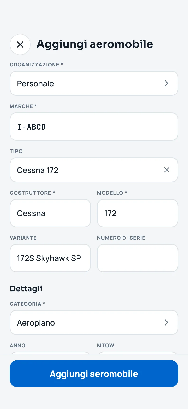 Il modulo Aggiungi aeromobile
