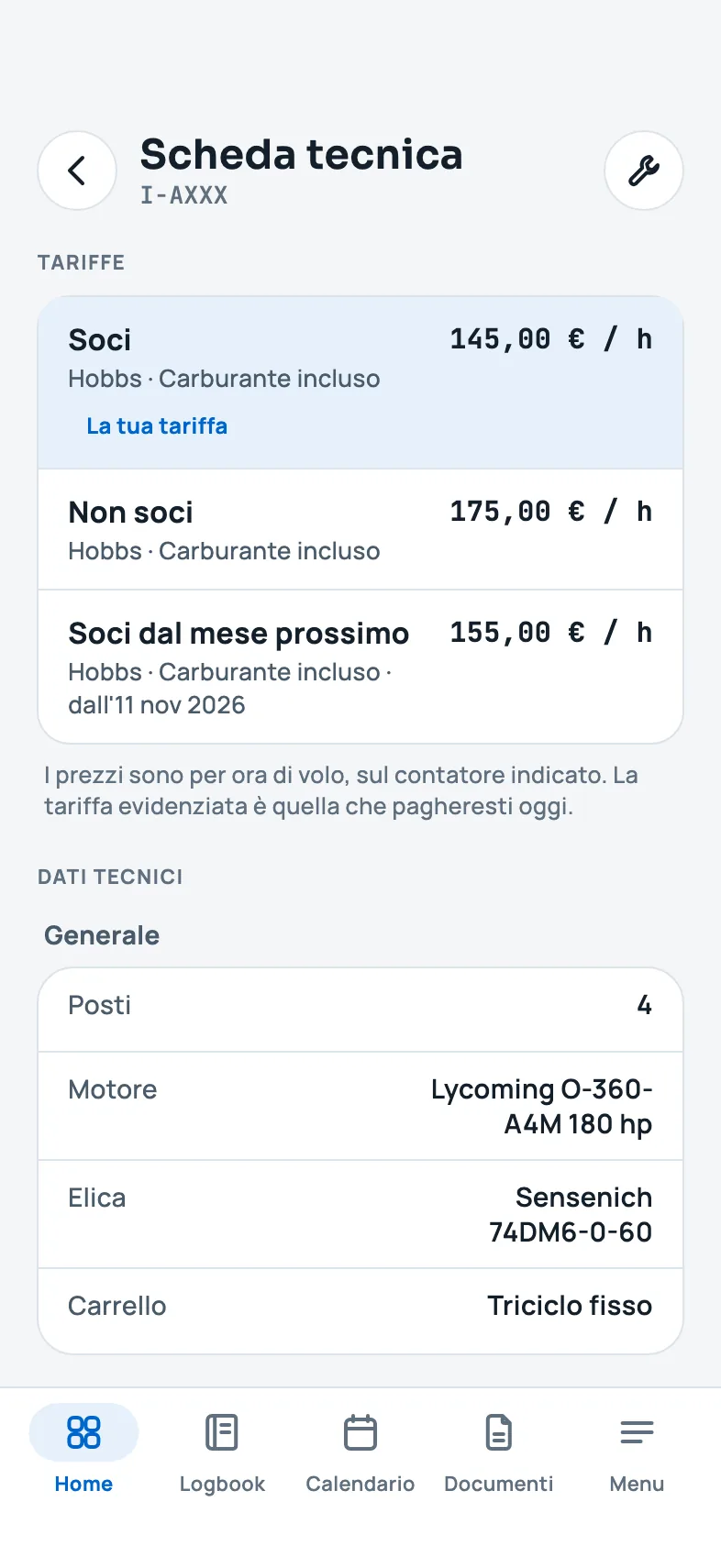 La scheda tecnica di un aereo