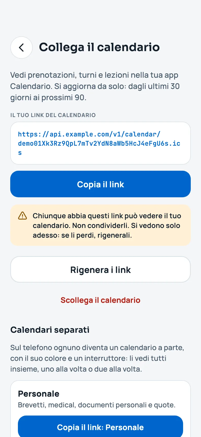 Il link del calendario appena creato