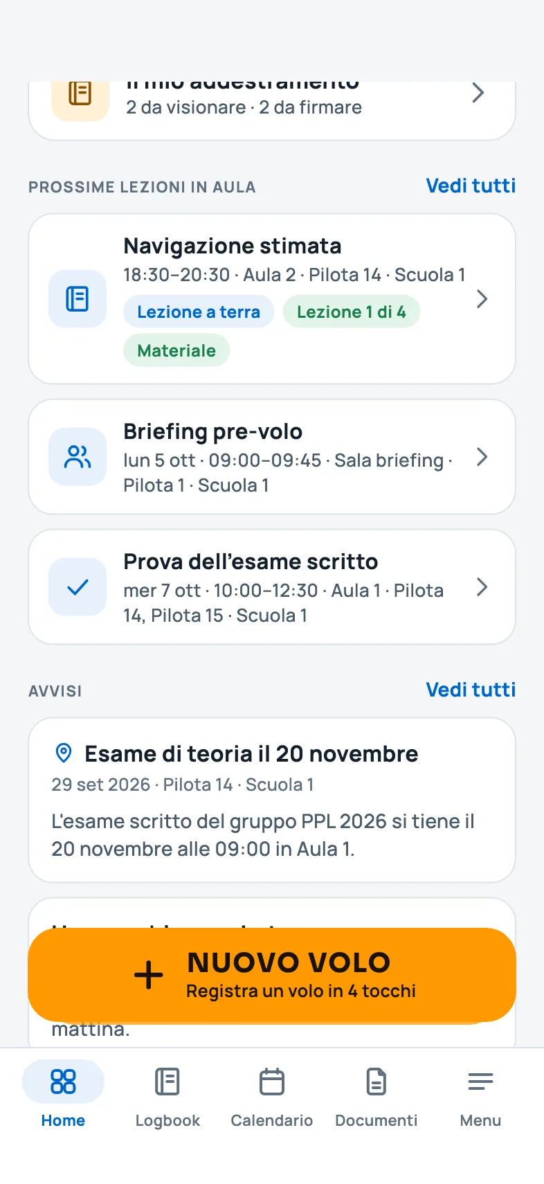 La Home di un allievo con le prossime lezioni e gli avvisi