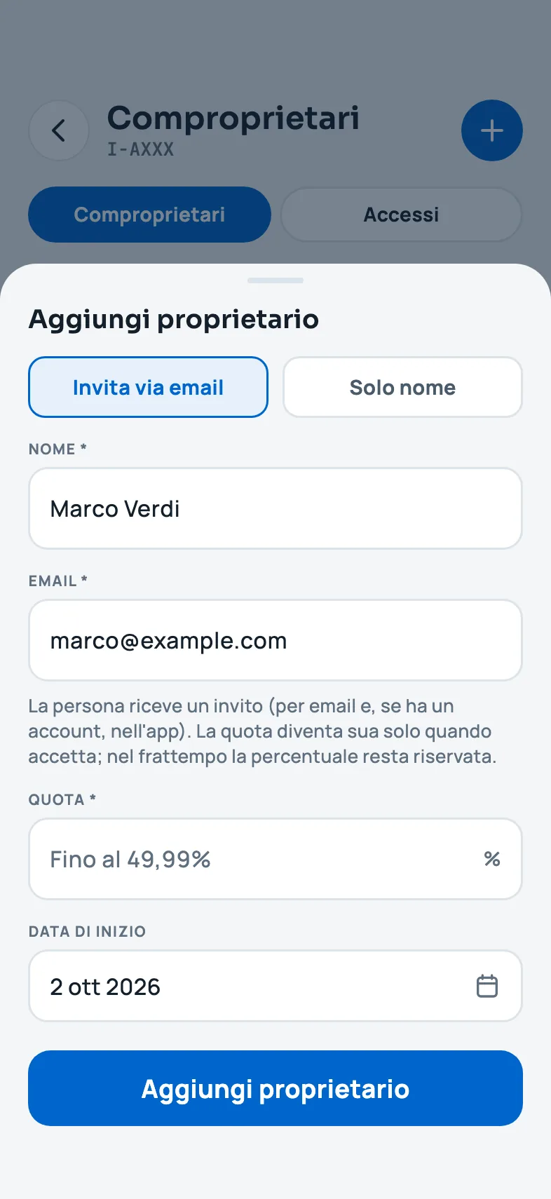Il foglio per aggiungere un proprietario