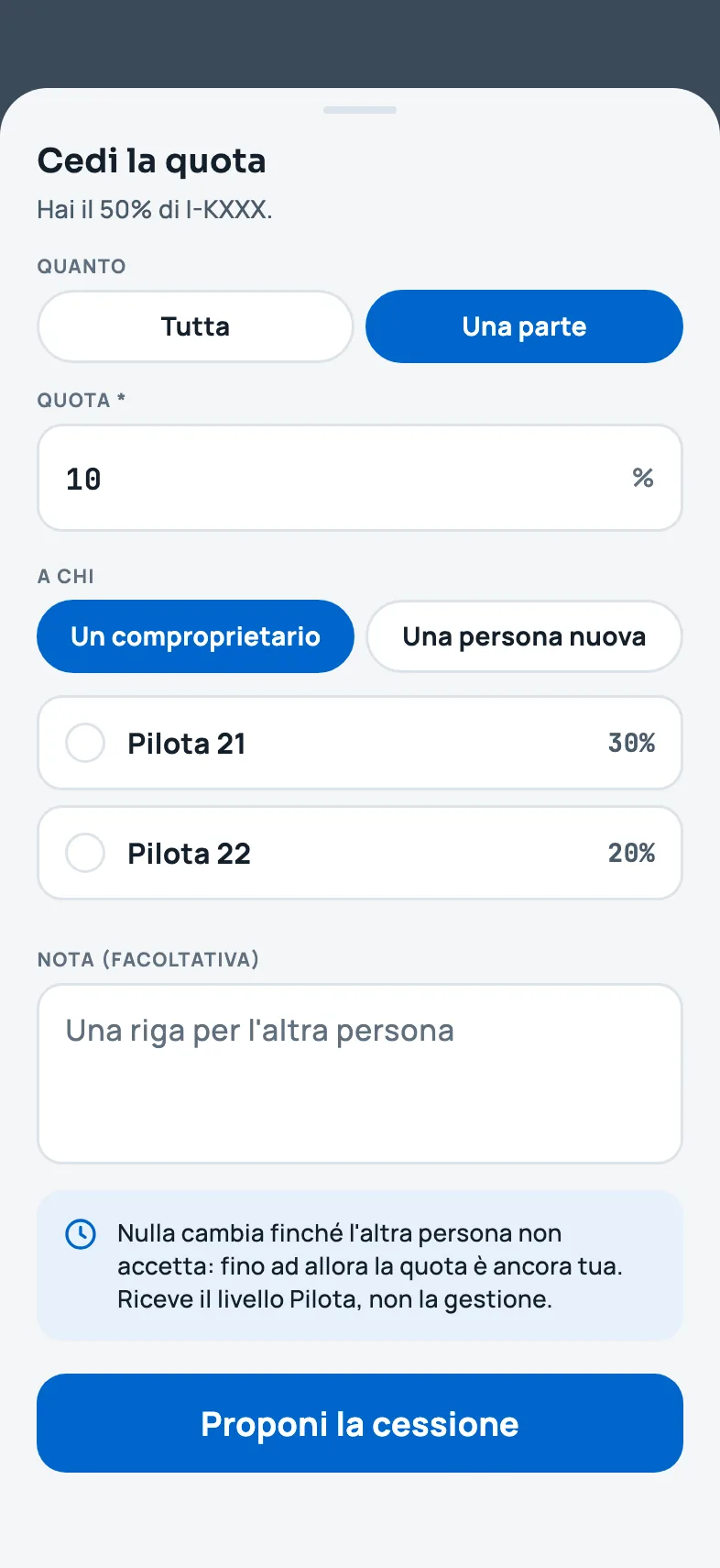 Il foglio per cedere la quota