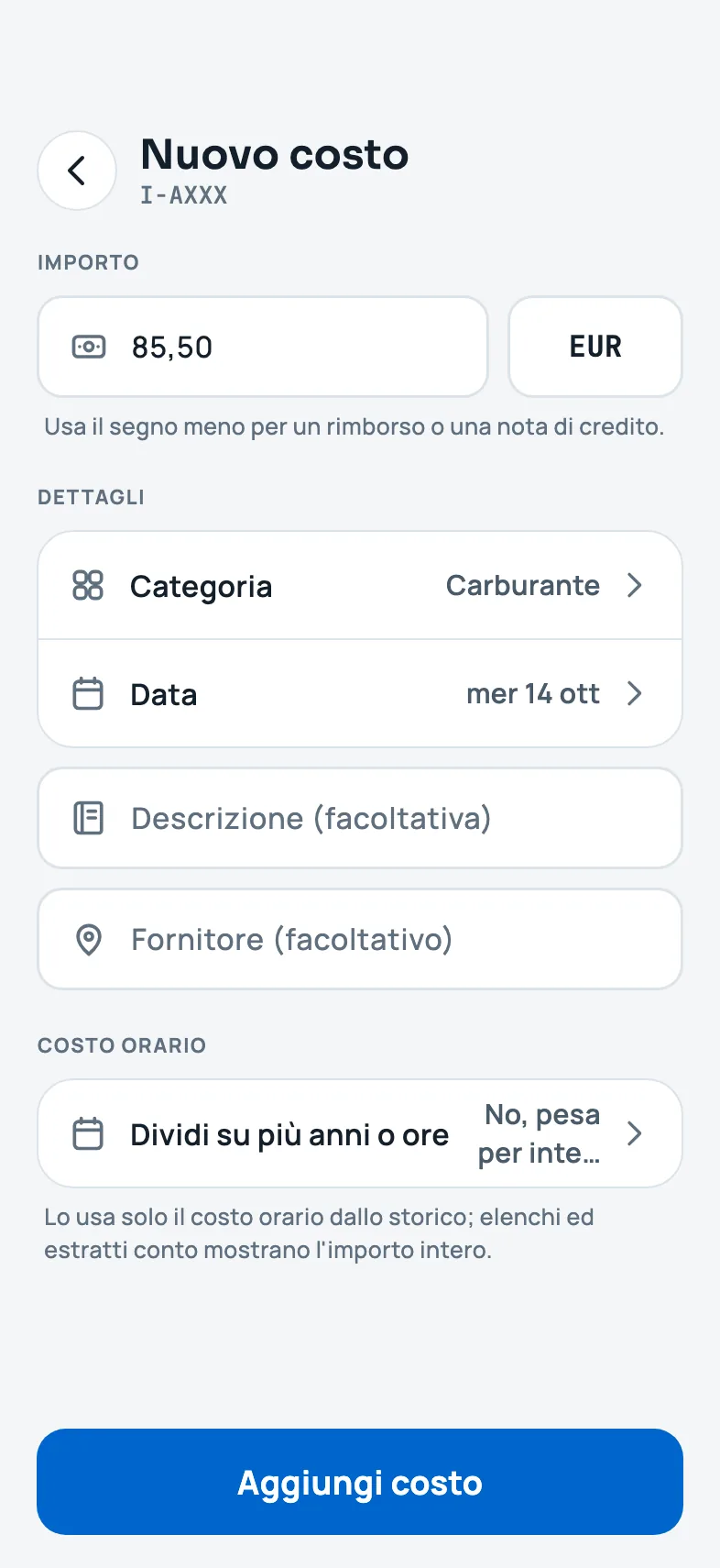 Il modulo Nuovo costo