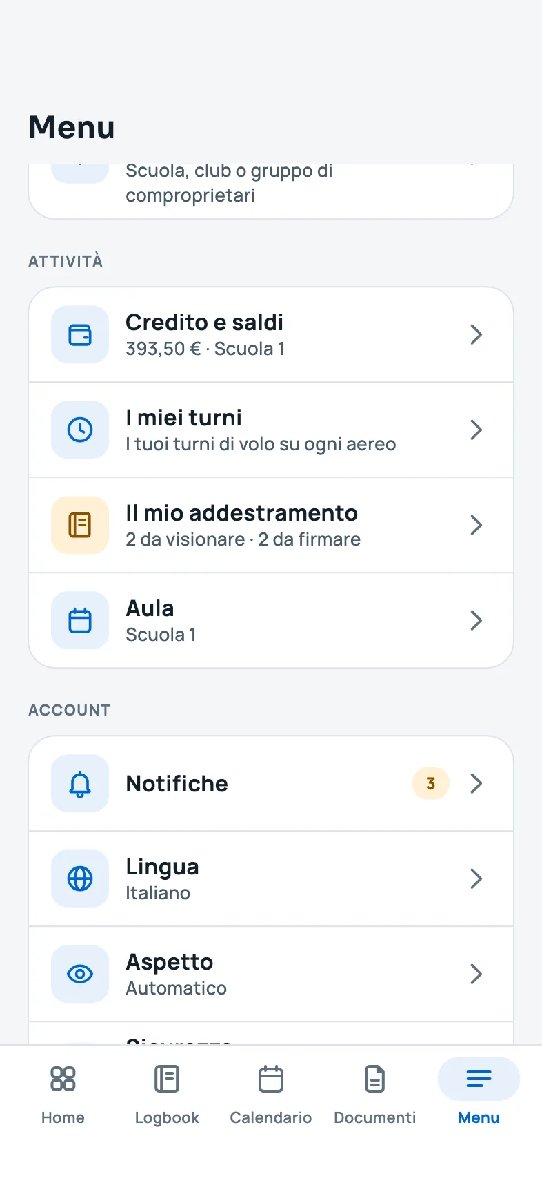 Il Menu con Saldo comproprietà e I miei turni