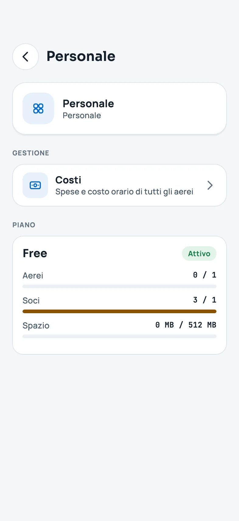 Costi nelle impostazioni dell'organizzazione