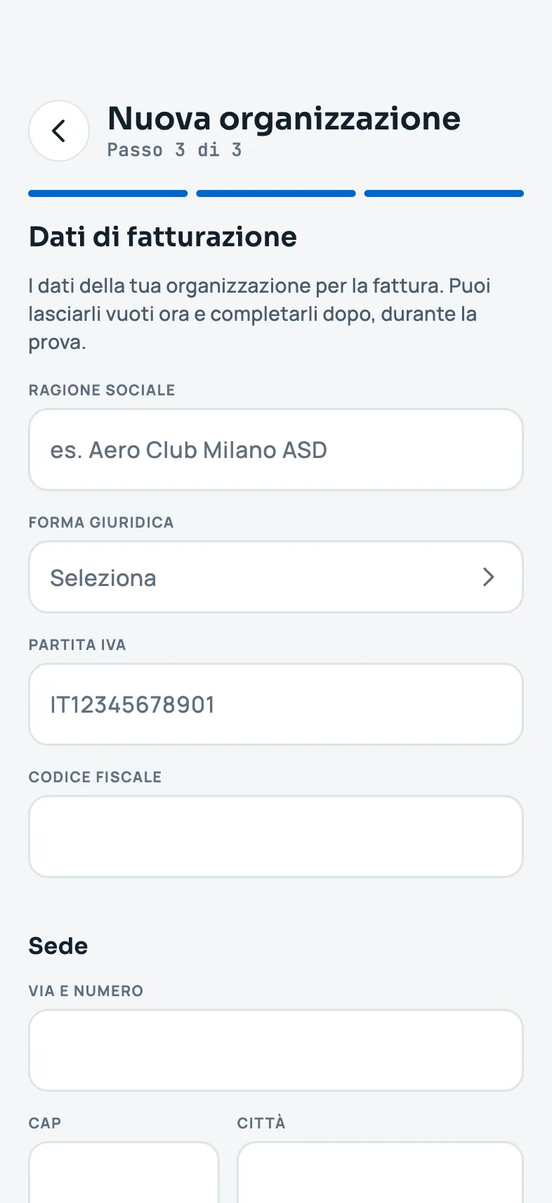 I dati di fatturazione, con Crea organizzazione e Completa dopo