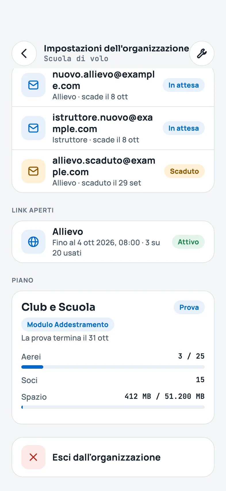 Impostazioni dell'organizzazione con soci, inviti e piano