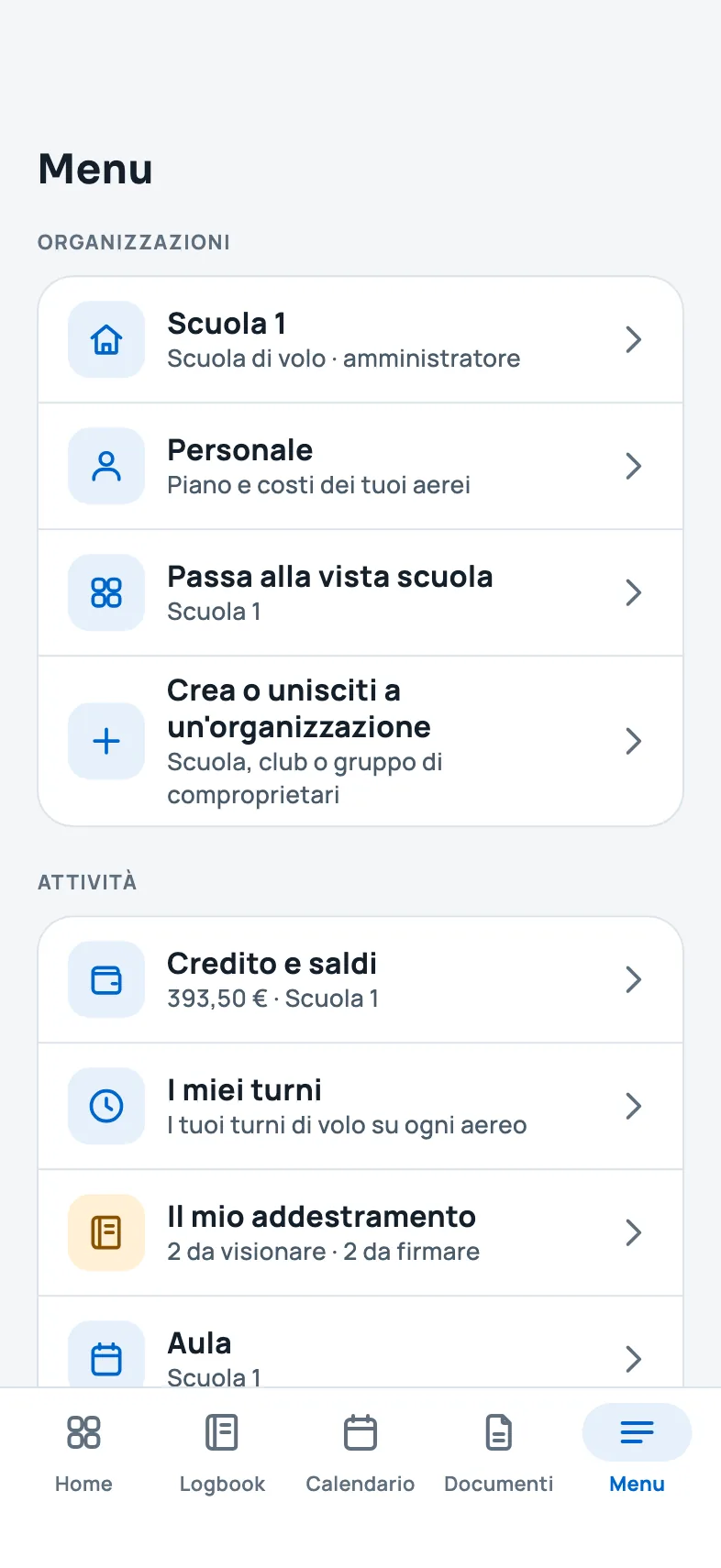 Il Menu della vista pilota con Passa alla vista scuola