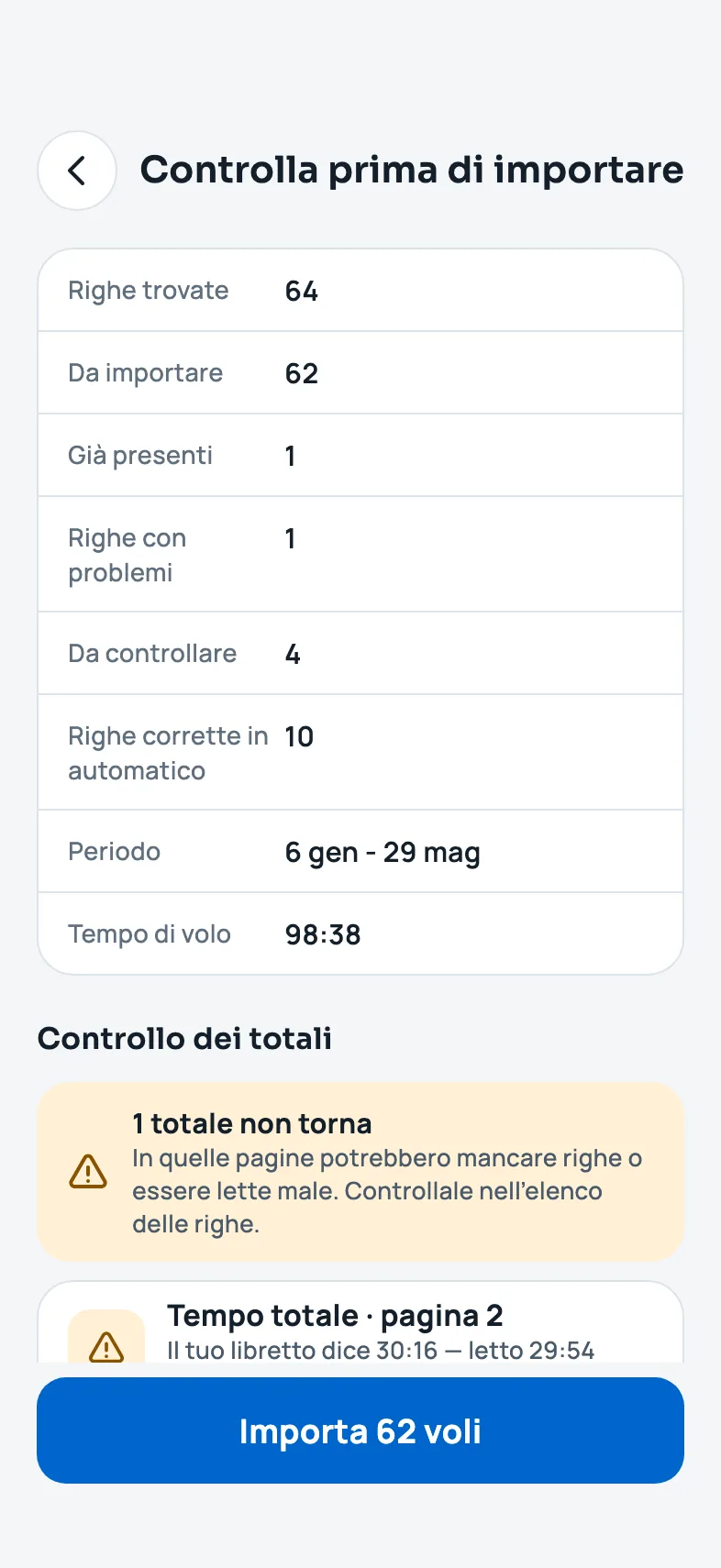 Il riepilogo prima di importare