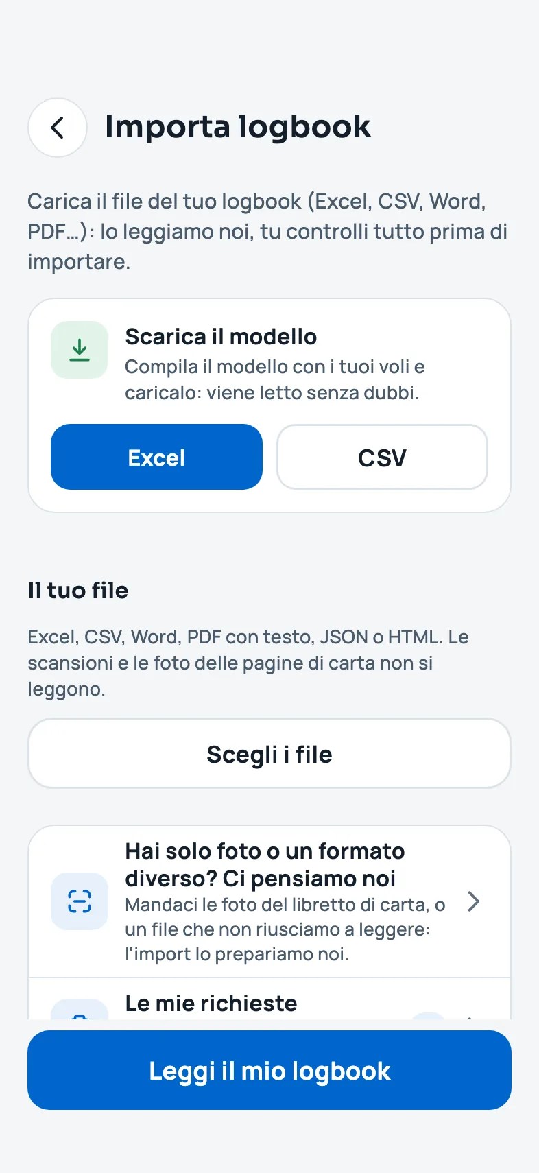 La schermata Importa logbook