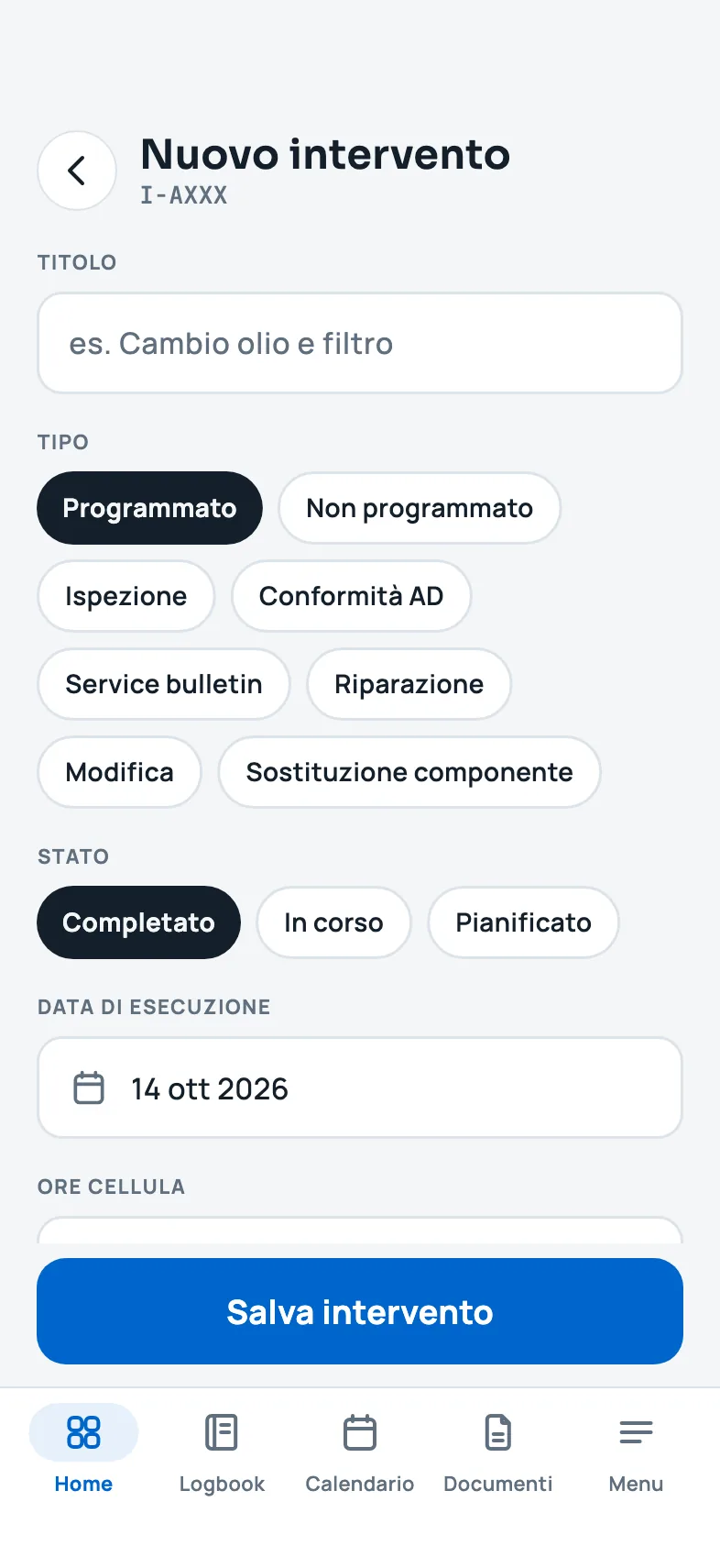 Il modulo Nuovo intervento