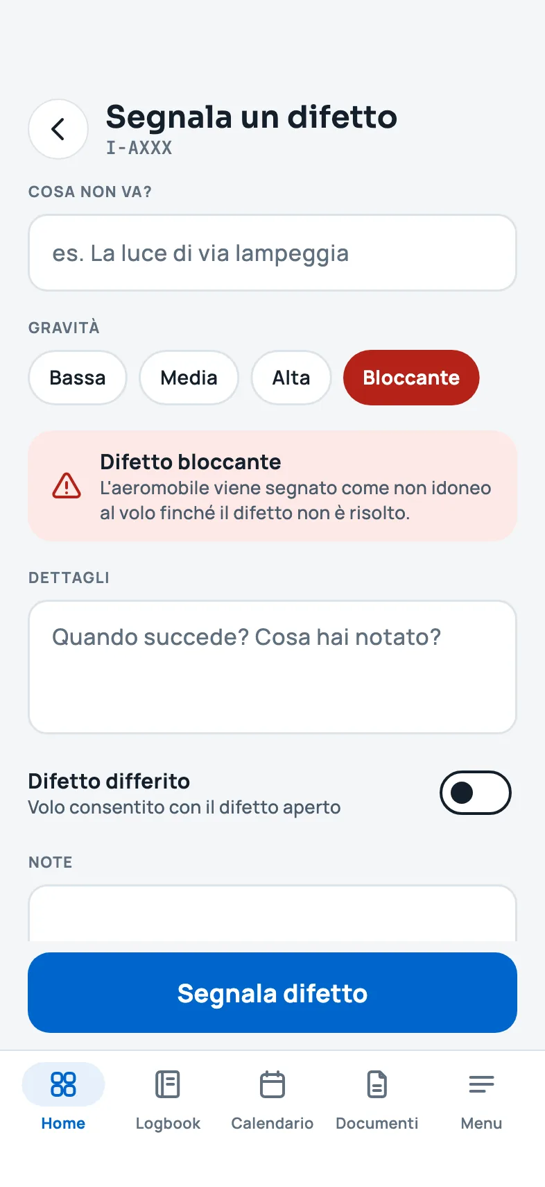 Il modulo Segnala un difetto