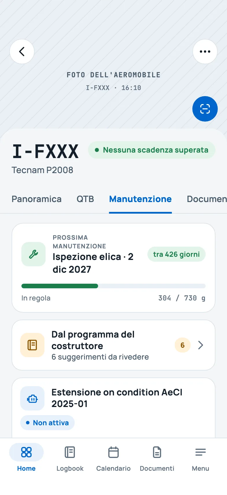 La scheda Manutenzione di un aereo