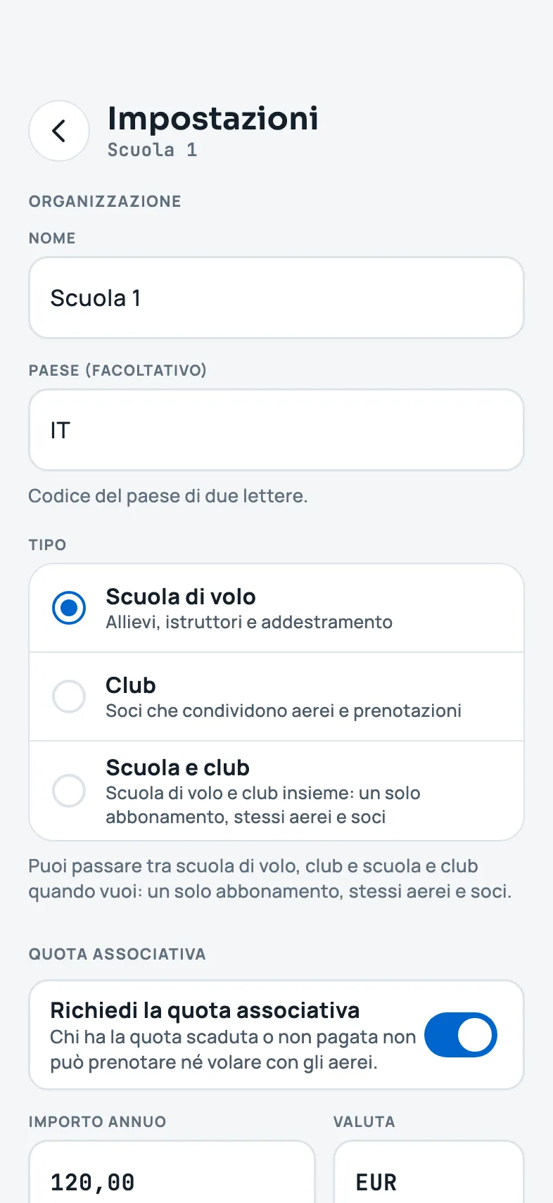 Le impostazioni: quota, prenotazioni e privacy del calendario