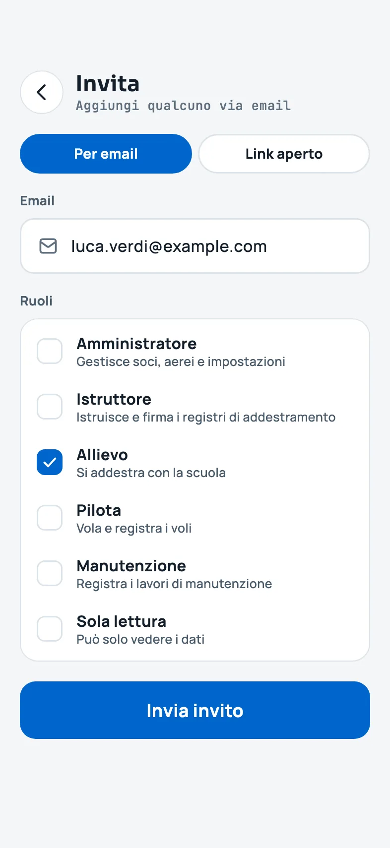 Il modulo di invito con email e ruoli