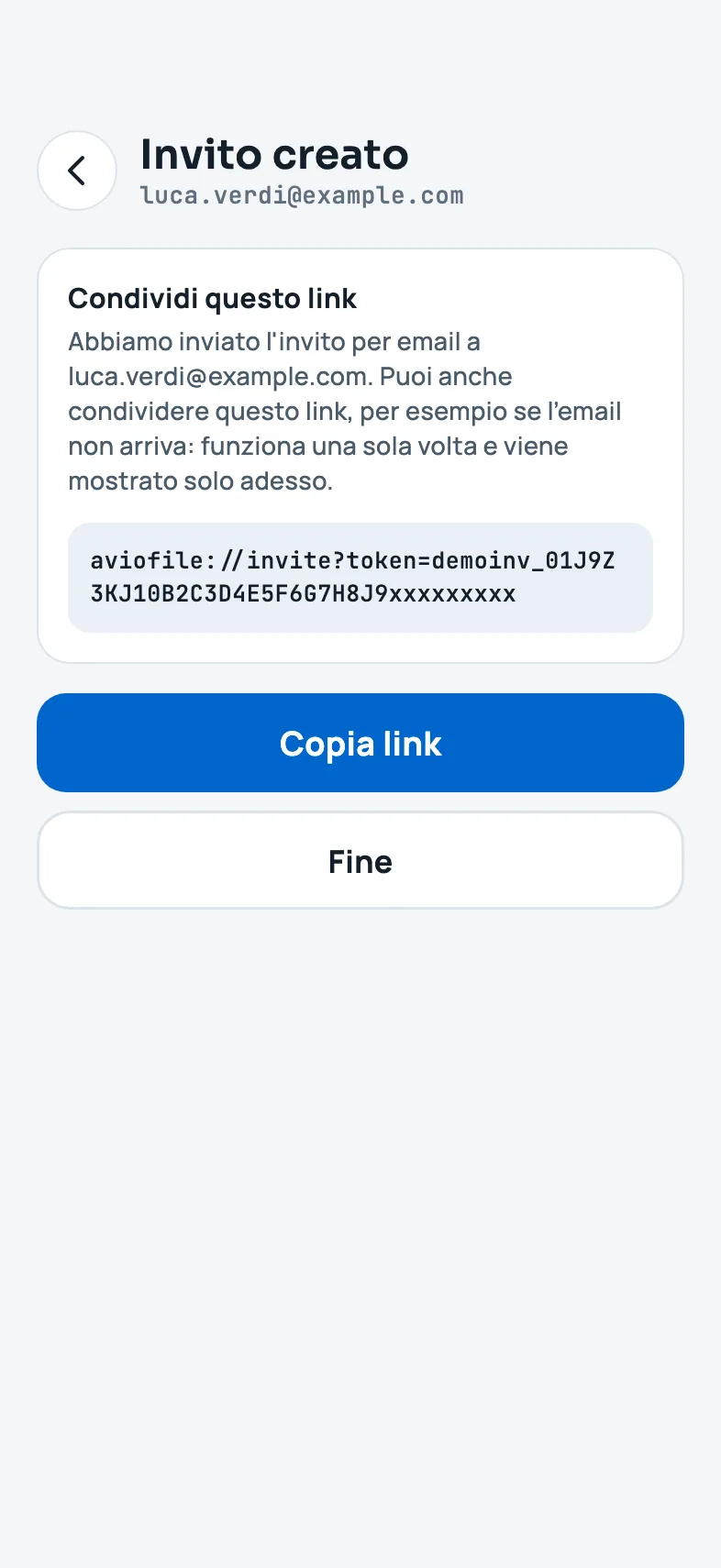 L'invito creato, con il link da copiare