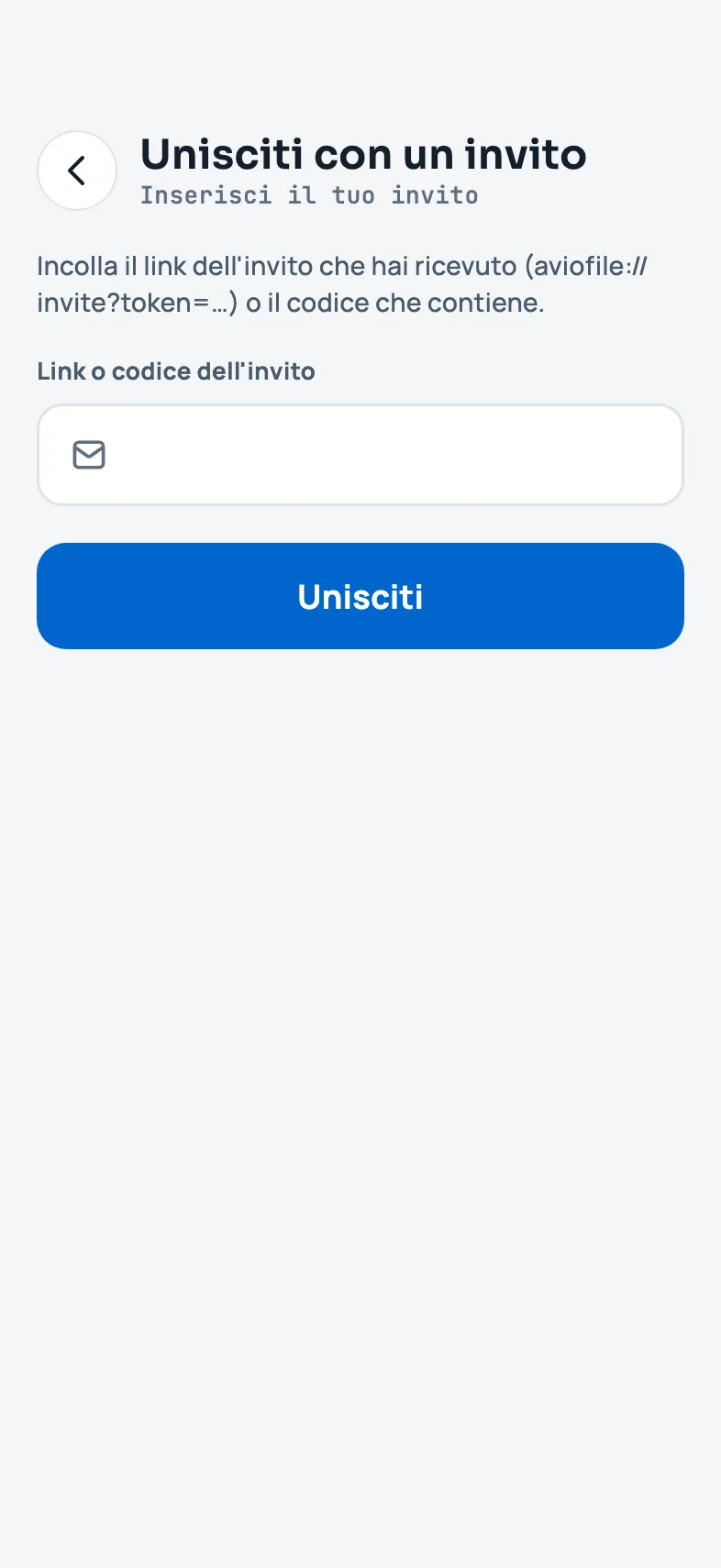 La schermata per unirsi con un invito