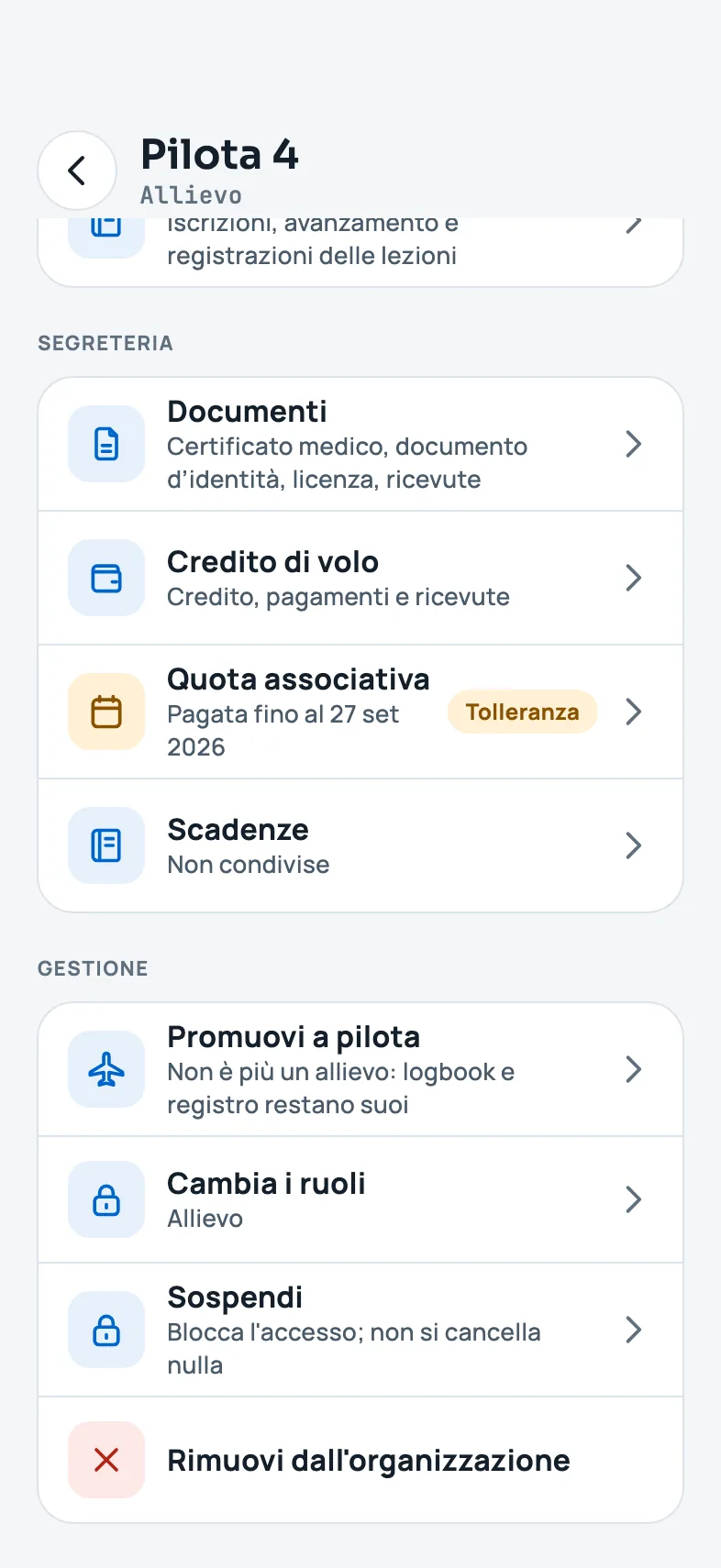 La scheda di un allievo con promozione, ruoli e rimozione