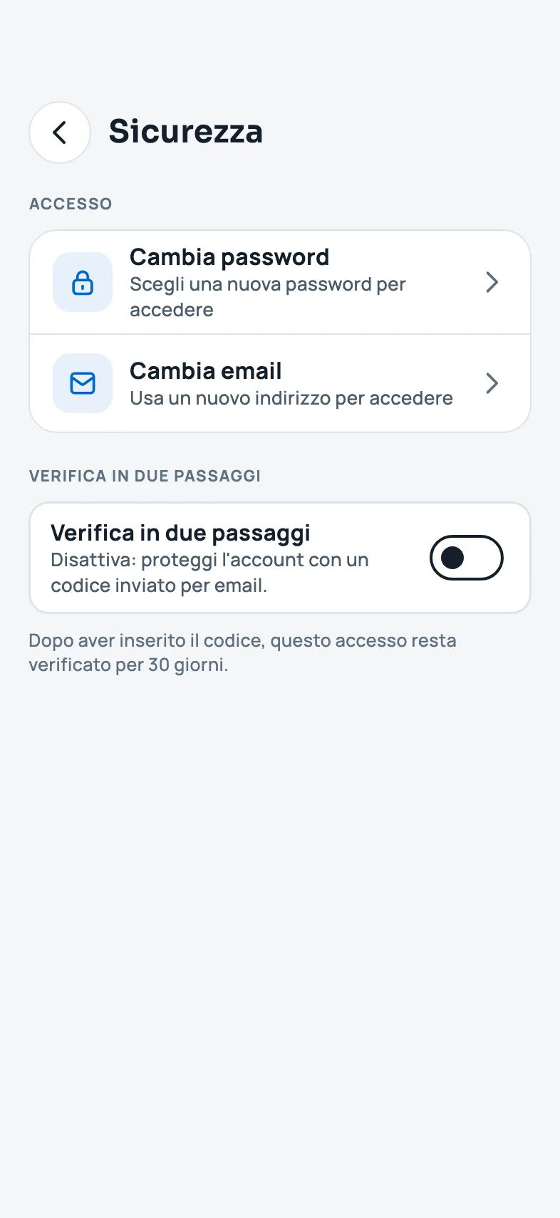 La schermata Sicurezza