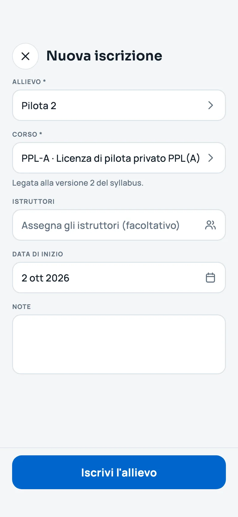 Il modulo di nuova iscrizione