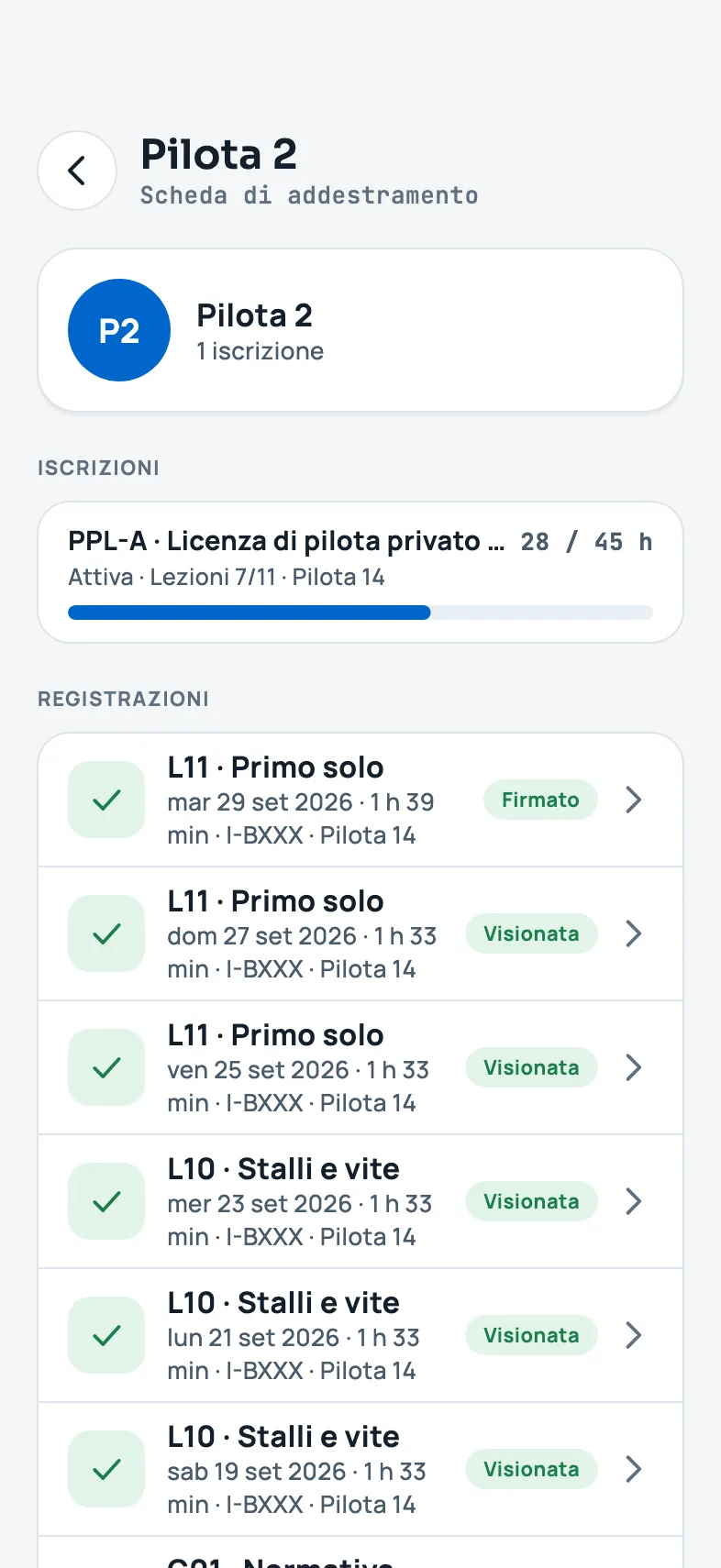 La scheda di un allievo con iscrizioni e registrazioni