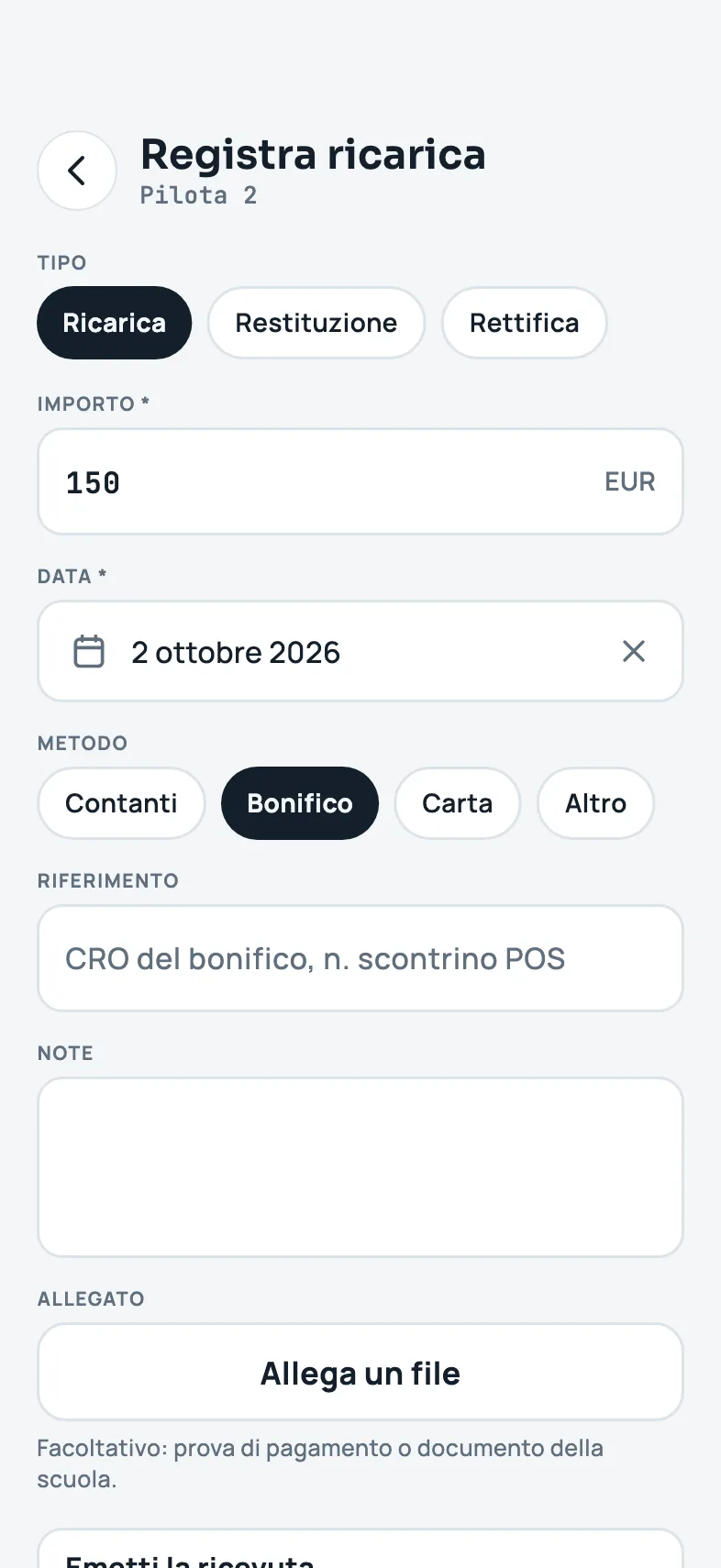 Il modulo Registra ricarica
