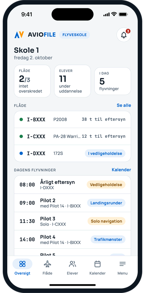 Flyveskolens dashboard med flåde, elever og dagens flyvninger