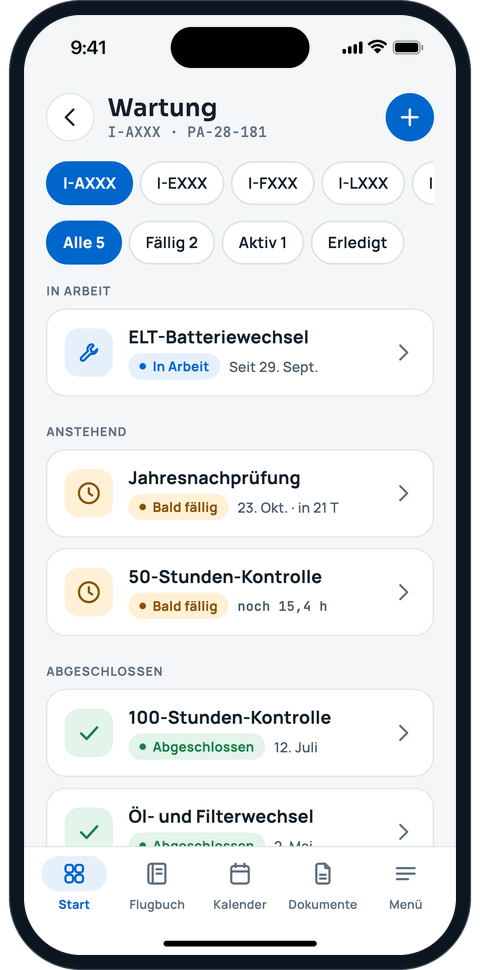 Wartungsansicht mit Fristen und laufenden Arbeiten
