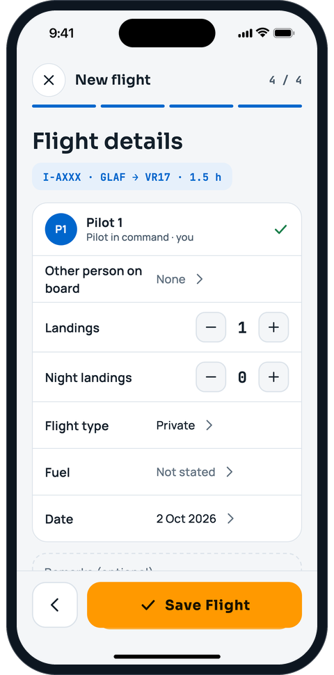 New flight, step 4: check the details and save