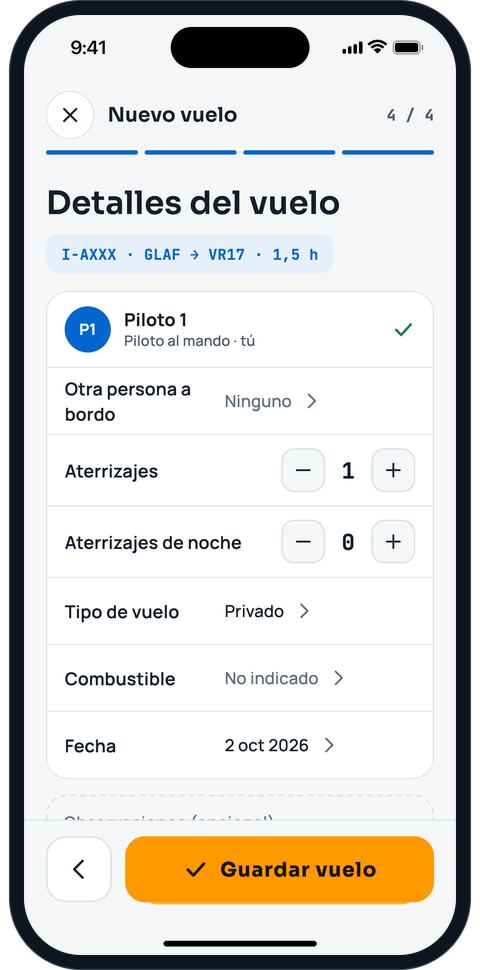 Nuevo vuelo, paso 4: revisar los detalles y guardar
