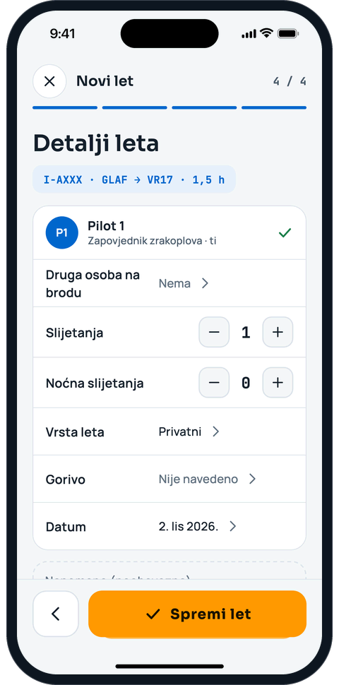 Novi let, korak 4: provjeri podatke i spremi