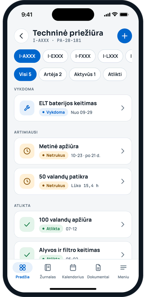 Techninės priežiūros ekranas su terminais ir vykdomais darbais