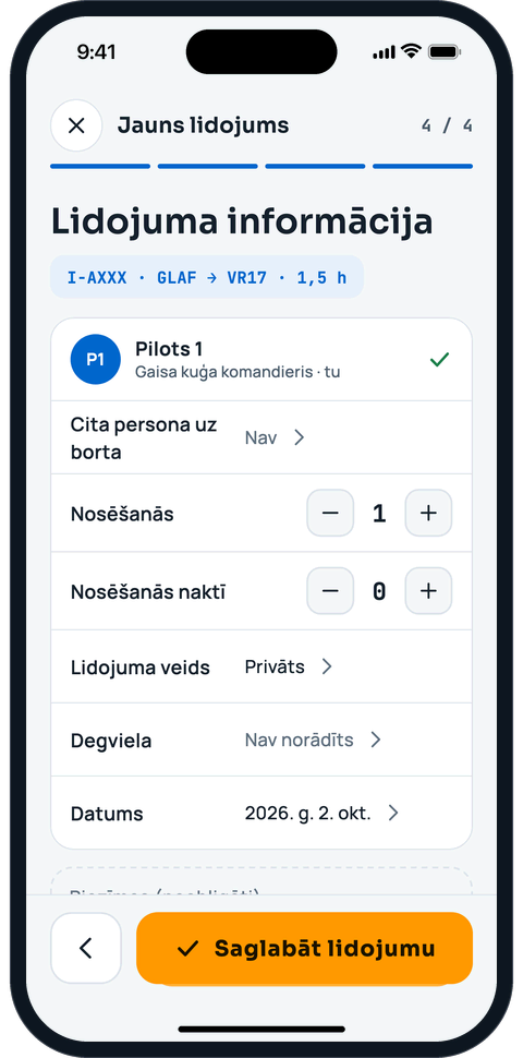 Jauns lidojums, 4. solis: pārbaudiet datus un saglabājiet