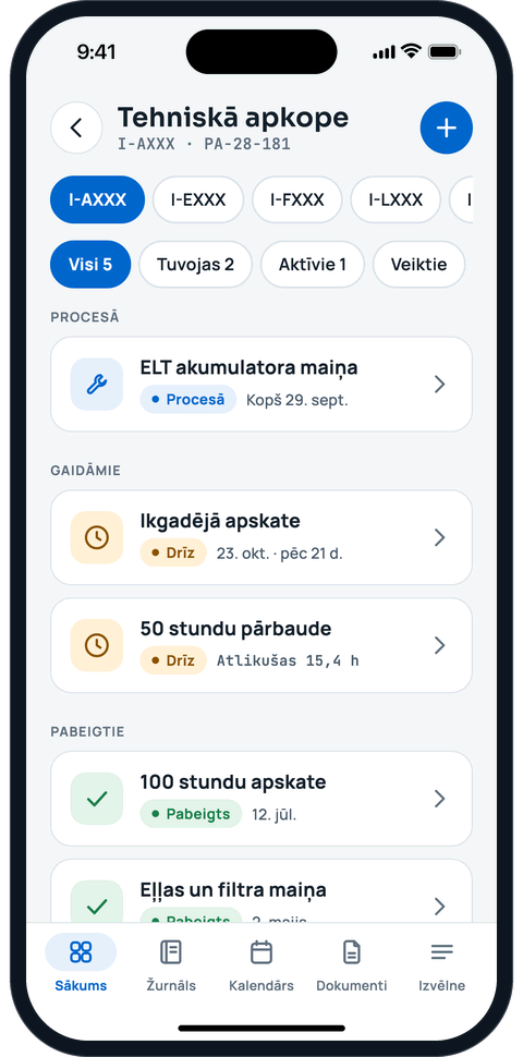 Apkopes ekrāns ar termiņiem un notiekošajiem darbiem