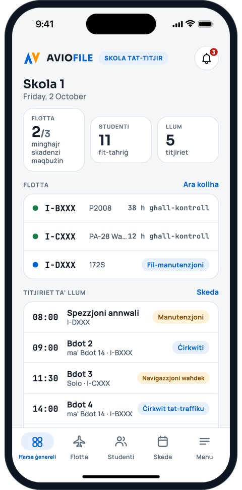 Dashboard tal-iskola tat-titjir bil-flotta, l-istudenti u t-titjiriet ta’ llum