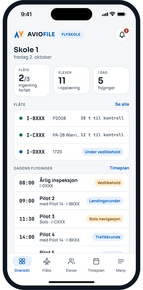 Flyskolens oversikt med flåte, elever og dagens flygninger