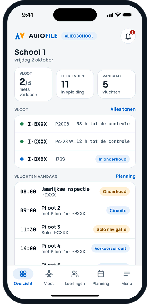 Dashboard van de vliegschool met vloot, leerlingen en de vluchten van vandaag