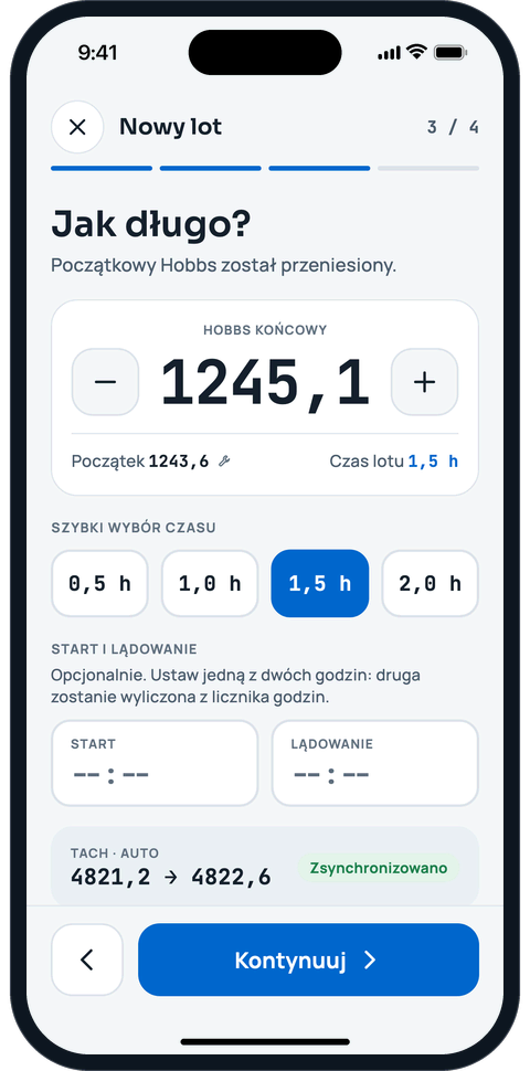 Nowy lot, krok 3: ustaw Hobbs i czas lotu
