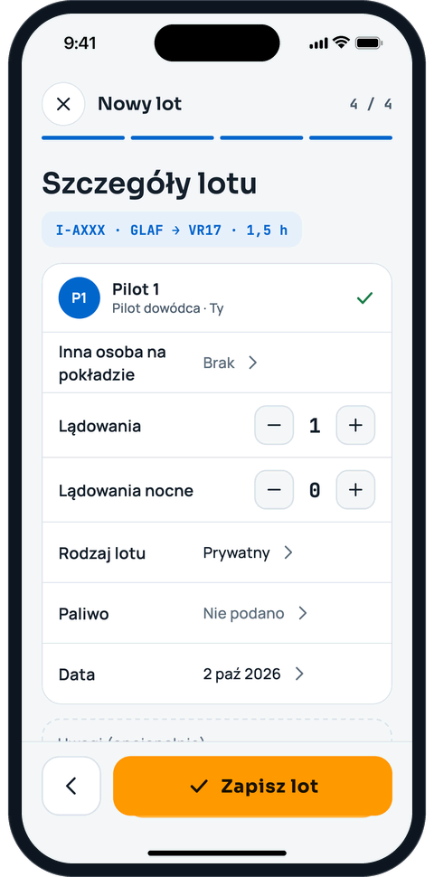 Nowy lot, krok 4: sprawdź szczegóły i zapisz