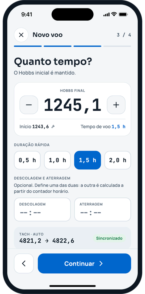 Novo voo, passo 3: definir o Hobbs e a duração
