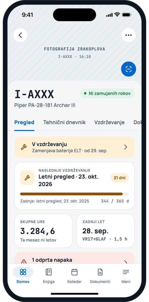 Podrobnosti letala z registrsko oznako, urami in naslednjim vzdrževanjem